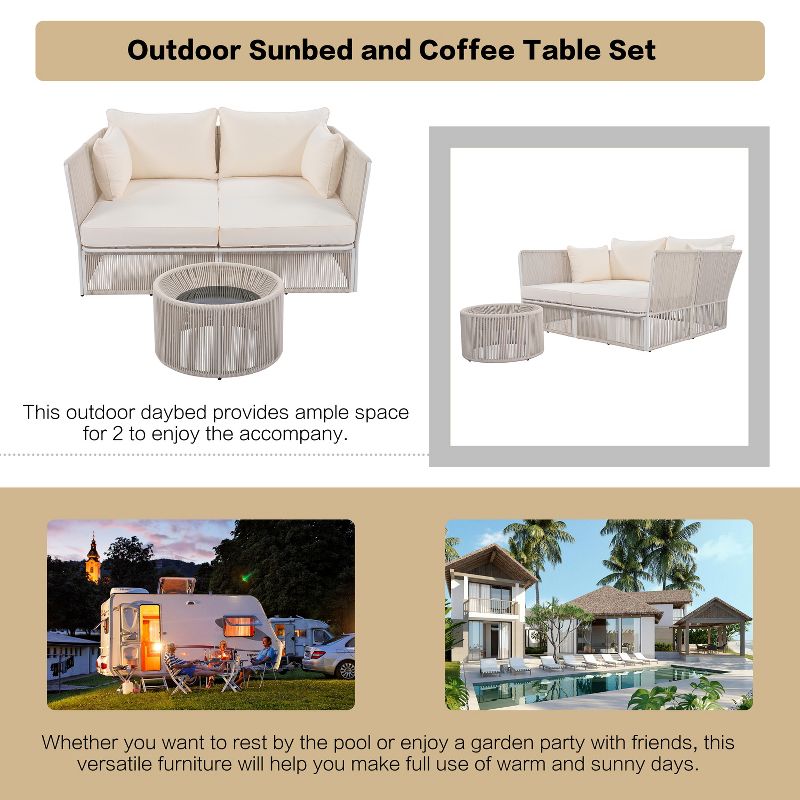 2 PCS Outdoor Sunbed Loveseat, Patio Daybed Double Chaise Lounger with Tempered Glass Coffee Table 4M -ModernLuxe, 4 of 14