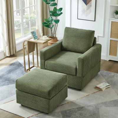 Green Classic corduroy recliner, comfortable sofa recliner, upholstered lounge chair with footstool for living room