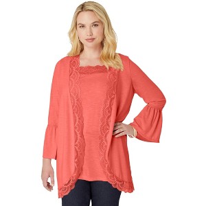 Roaman's Women's Plus Size Lace-Detailed Cardigan And Tank Set - 1 of 3