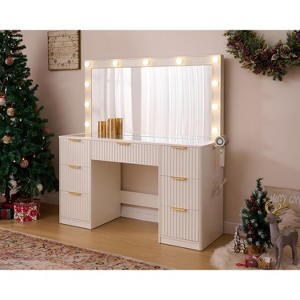 AMERLIFE Makeup Vanity Desk with Mirror & LED Lights, Drawers, Tempered Glass Top, Charging Station, Modern Bedroom Dressing Table - 1 of 4