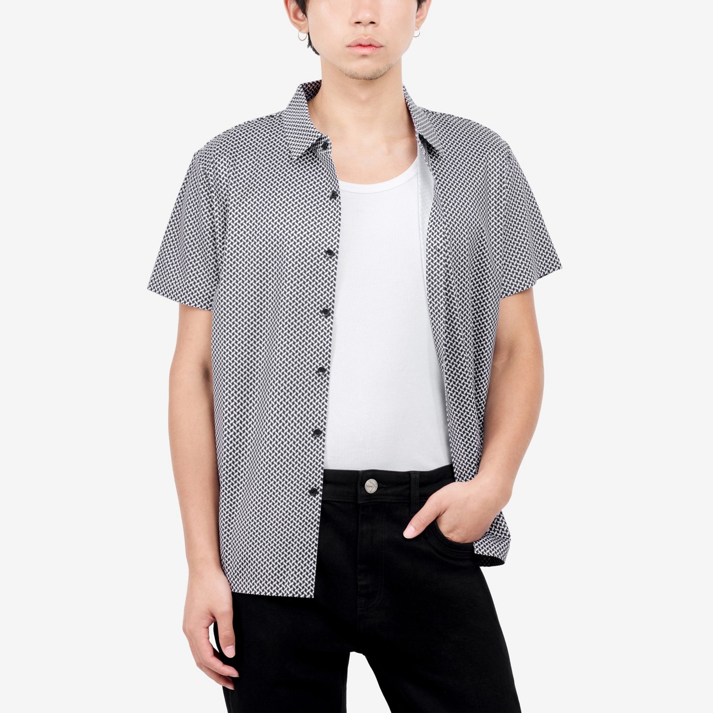 Мужская рубашка X RAY Herringbone Print Short Sleeve Button-Up, цвет: Чёрный — фото 4