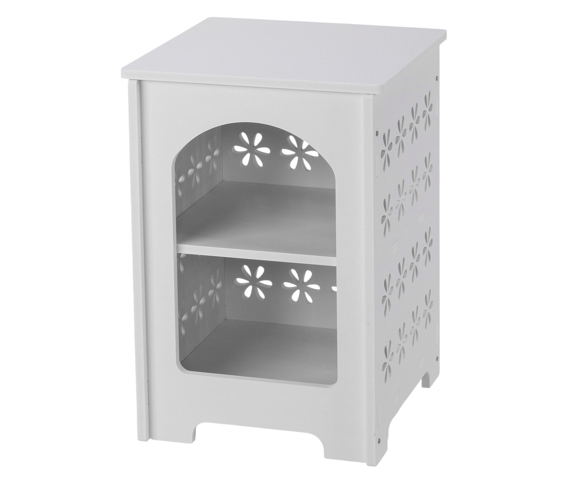 White Floral Cutout End Table Nightstand, 2-Tier Storage Side Table with Hollow Design, Modern Accent Table for Living Room Bedroom