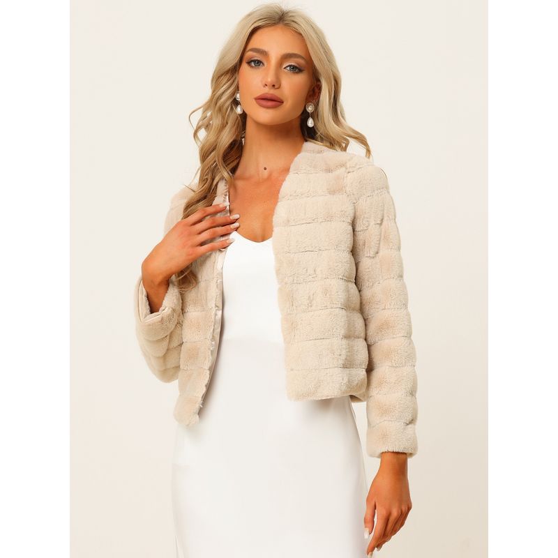 Allegra K Women's Winter Warm Cropped Collarless Faux Fur Fluffy Jacket, 2 of 7