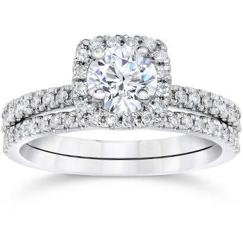 Pompeii3 1 cttw Cushion Halo Diamond Engagement Wedding Ring Set 10K White Gold