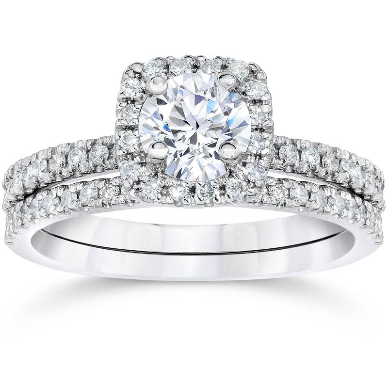 Pompeii3 1 cttw Cushion Halo Diamond Engagement Wedding Ring Set 10K White Gold, 1 of 5