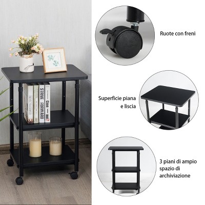 Black Adjustable 3-Tier Steel and Wood Rolling Printer Cart