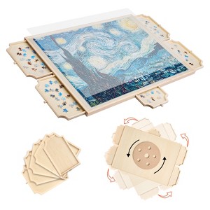 VEVOR 1500 Piece Rotating Puzzle Board with 5 Drawers and Cover, 34x25 inch in Portable Wooden Table, Jigsaw Puzzle Accessories, Beige - 1 of 4