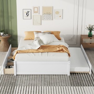 VASIP Espresso Full Size Bed Frame with Twin Trundle & 2 Storage Drawers -Space-Saving Design for Bedroom - 1 of 4