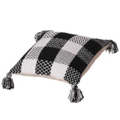 Black and White Handwoven Cotton Euro Pillow Cover with Tasseled Corners