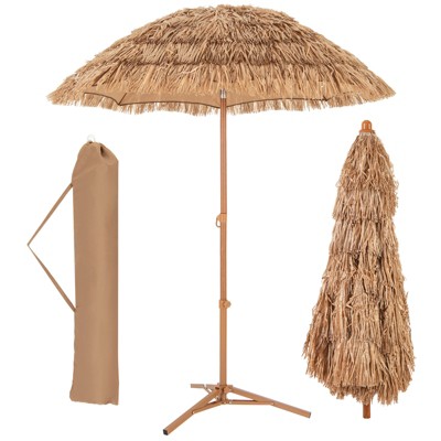 Tangkula 6.5Ft Tiki Beach Umbrella with Base Hawaiian Style PP Grass with Tilt Adjustment 8 Ribs Thatched with Carry Bag for Garden & Pool Natural