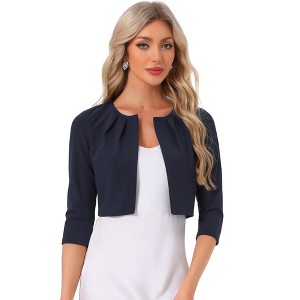 INSPIRE CHIC Women's 3/4 Sleeve Collarless Pleated Open Front Cropped Cardigan - 1 of 4