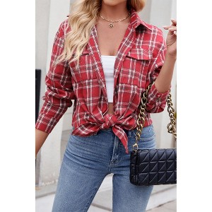 V For City Women's Casual Oversized Button Front Long Sleeve Plaid Shirts with Chest Pockets - 1 of 4