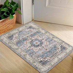 coucheta Boho Vintage Washable Area Rug, Traditional Medallion Print Low Pile Non-Slip Foldable Carpet, for Living Room, Bedroom, Dining, Teal - 1 of 4