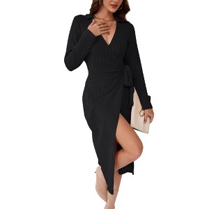 Clearlove Women's Winter Long Sleeve V Neck Asymmetrical Knit Sweater Dresses - 1 of 4