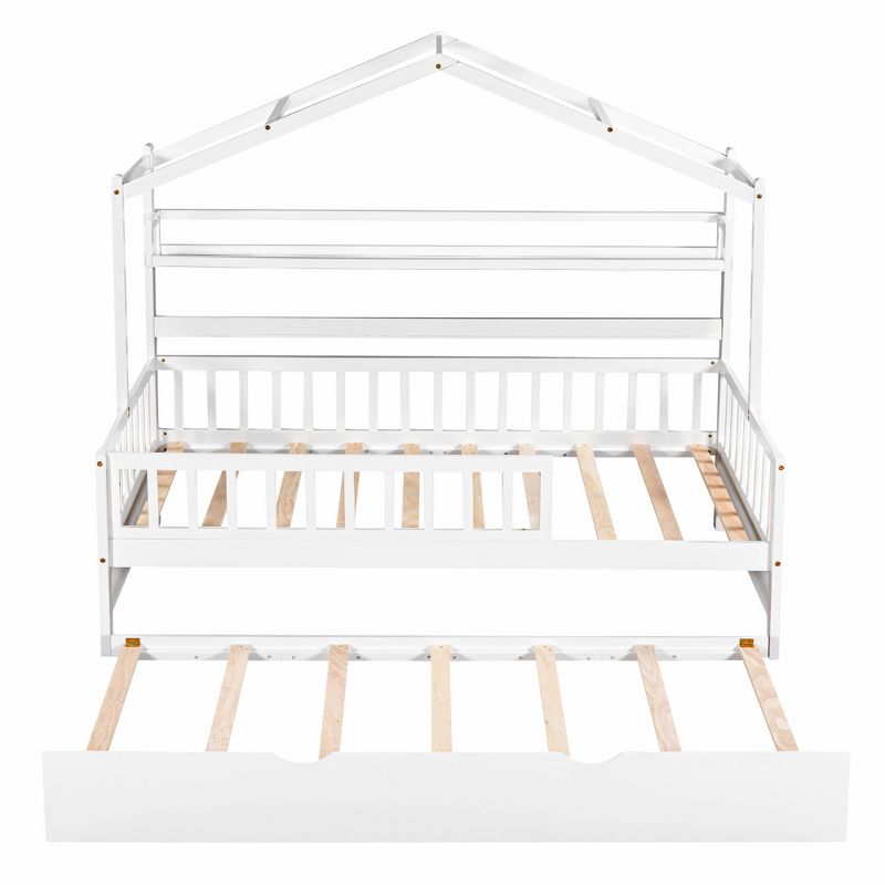 Wood House Bed with Twin Trundle Bed, Guardrails and Shelves-ModernLuxe, 5 of 11