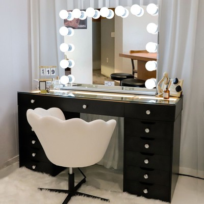 VANITII Eva Vanity Desk - 13 Storage Drawers, LED Bulbs Bluetooth Mirror