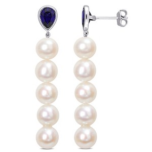 EVERLY JEWELRY | Sterling Silver 7 - 7.5 MM Cultured Freshwater Pearl and 2 1/3 CT TGW Created Blue Sapphire Linear Drop Earrings - 1 of 4