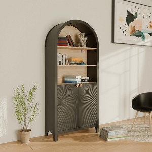 ORRD 61" Tall Arched Cabinets,Bookcase with storage,Mid-Century Modern 5-Tier Bookshelf with Door,Black - 1 of 4