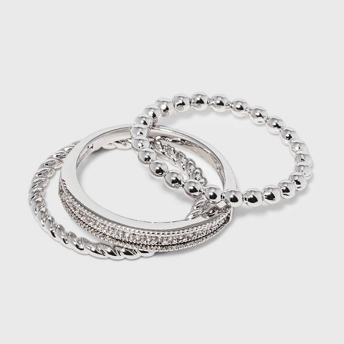Women's Cubic Zirconia Band-small Rope Band And Med Bead Band Silver Plated Stack  Ring Set : Target