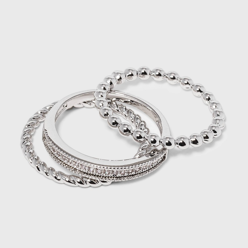Photos - Ring Women's Cubic Zirconia Band-Small Rope Band and Med Bead Band Silver Plate