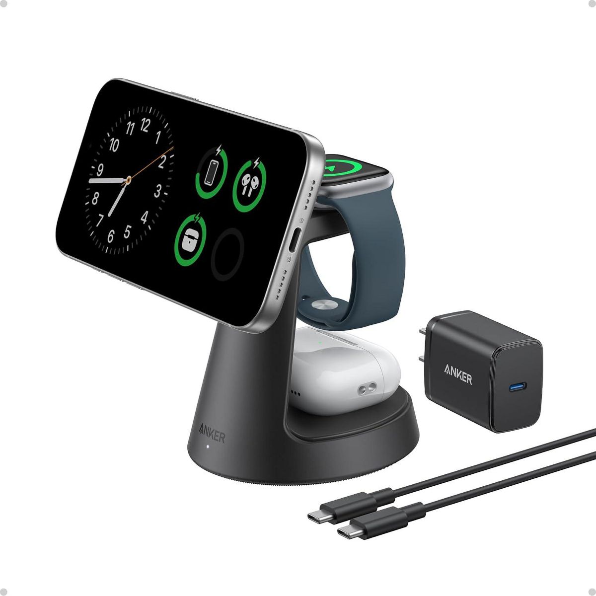 Refurbished Anker MagGo 3-in-1 Qi2 15W MagSafe Charging Station, Wireless Charger, Stand for iPhone 17/16/15, Apple Watch, AirPods (Adapter Included)