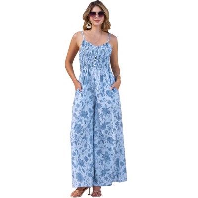INSPIRE CHIC Women's Boho V Neck Sleeveless Floral Spaghetti Straps Smocked Wide Leg Pants Romper Overalls