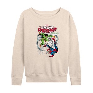 Women's - Marvel - Spider-man Fighting Doc Ock Lightweight French Terry Wide Neck Long Sleeve Shirt - 1 of 4