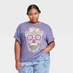 Women's Plus Size Dia De Los Muertos Sugar Skull Short Sleeve Graphic T-Shirt - Purple 3X