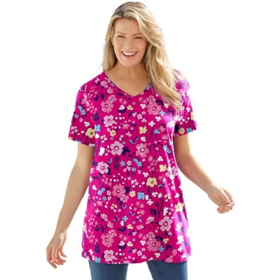 Woman Within Plus Size Perfect Printed Short-Sleeve V-Neck Tunic