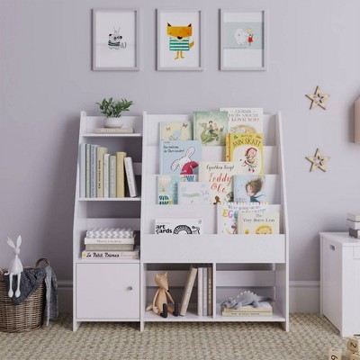 Image of Sturdis Modern Rounded Edge Wooden Kids Bookshelf with Storage Cabinet, Book Organizer Storage Shelves for Bedrooms, Playrooms, and Nurseries, White