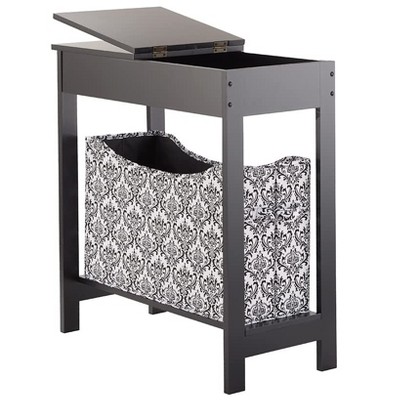 Black Gloss Rectangular Wood Side Table with Storage Bin