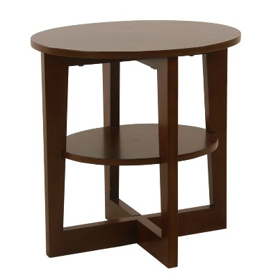 Round X Base Wood Accent Table with Shelf Storage Dark Walnut Brown - HomePop