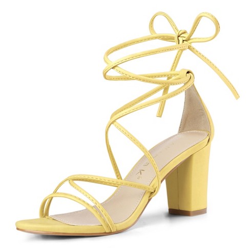 Andres Yellow Asymmetrical Strap Lace Up Block Heels