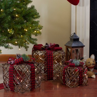 Rustic Rattan Christmas Gift Boxes with Pinecones and LED Lights - Set of Three