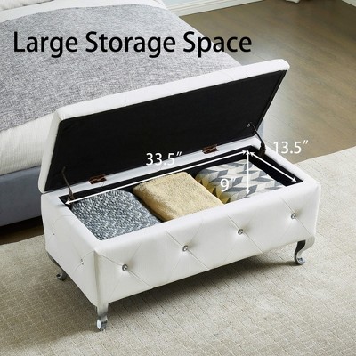 Busaurus White Faux Leather Upholstered Storage Ottoman Bench with Crystal Buttons, Rectangular Footrest for Bedroom, Living Room, Entryway
