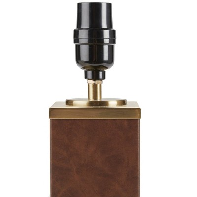 22" Brown Faux Leather Table Lamp with Gold Base and Ivory Shade