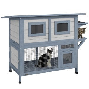 PawHut Outdoor Cat House, 2 Tier Weatherproof Feral Cat Shelter with Escape Door, Asphalt Roof for Outside, Backyard, Light Gray - 1 of 4