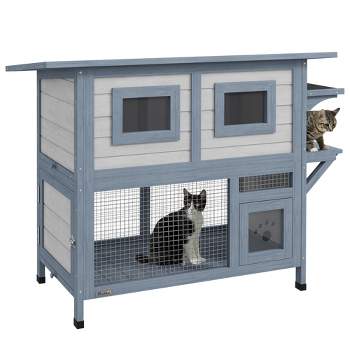 PawHut Outdoor Cat House, 2 Tier Weatherproof Feral Cat Shelter with Escape Door, Asphalt Roof for Outside, Backyard, Light Gray