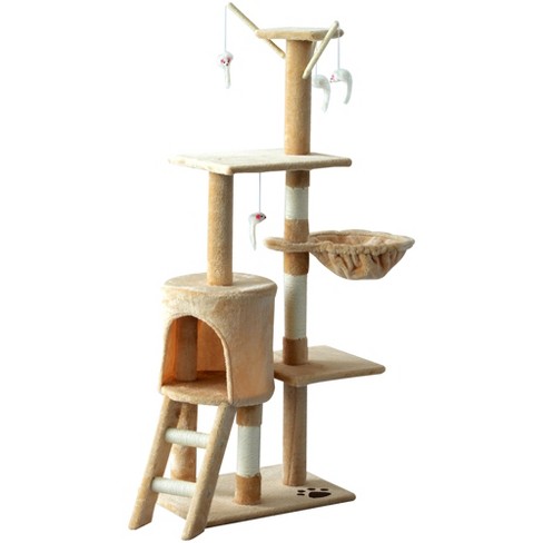 Pawhut 52 Plush Sturdy Interactive Cat Condo Tower Scratching Post Activity Tree House Beige Target