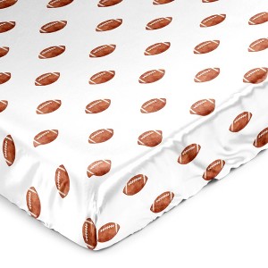 Sweet Jojo Designs Boy Satin Fitted Crib Sheet Watercolor Sports Theme Football Brown and White - 1 of 4