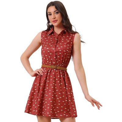 INSPIRE CHIC Women's Floral Sleeveless Half Placket Mini Belted Summer Dress