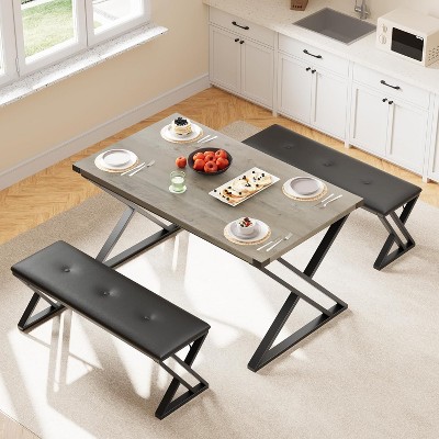 Dining Table Set for 4 with 2 Upholstered Benches