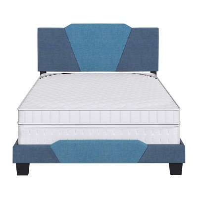 Queen Blue Upholstered Wood Frame Bed with Linen Headboard