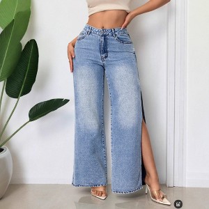 Coolmee Women's Baggy Wide Leg Jeans Trendy Distressed High Waist Split Hem Boyfriend Denim Pants - 1 of 4