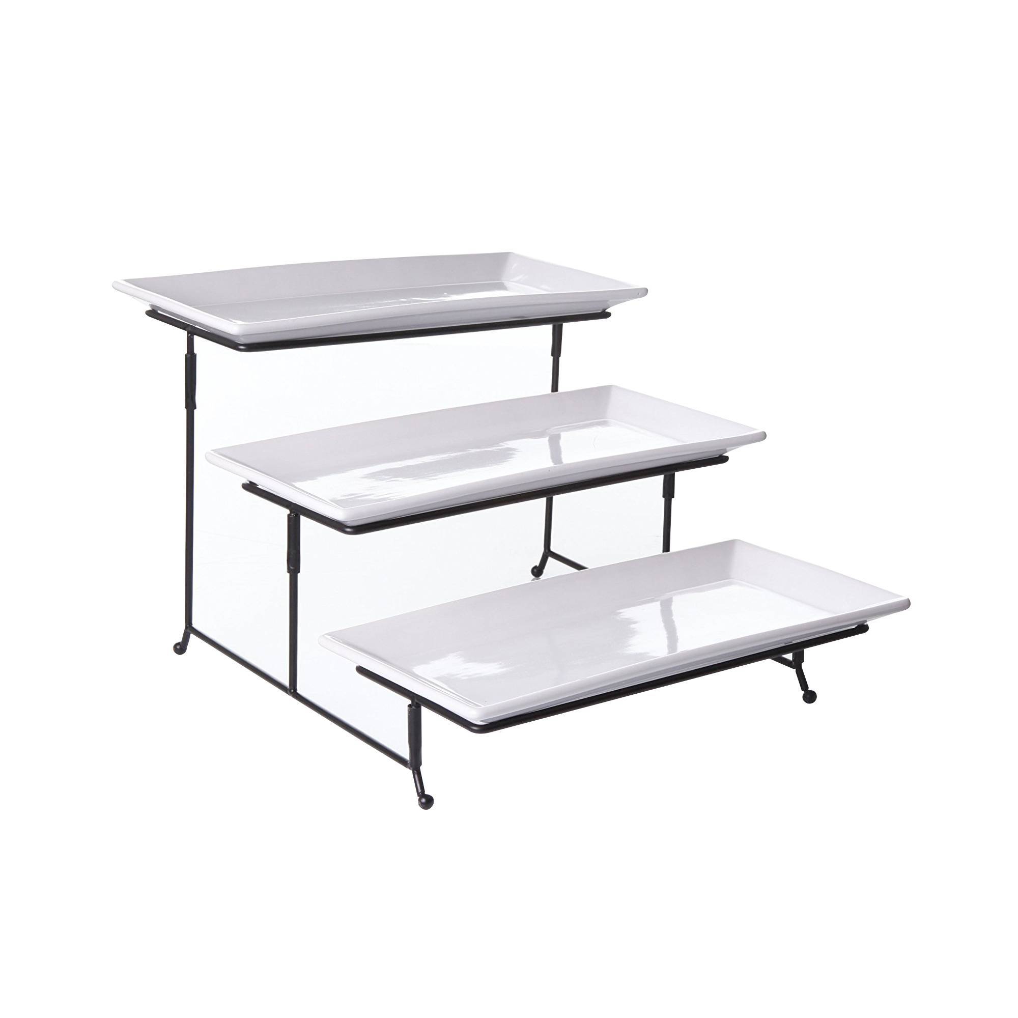 Gibson Elite Porcelain Gracious Serving Plate Set with Metal Stand Whote: Tiered Dessert & Cupcake Stand, Microwave & Dishwasher-Safe