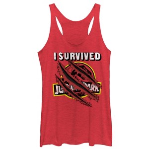 Women's Jurassic Park I Survived The Island, Raptor Claw Tear Racerback Tank Top - 1 of 3