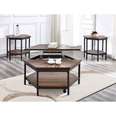 Hexagonal Medium Wood and Iron Lift-Top Coffee Table