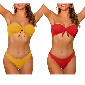 INSPIRE CHIC Women's Bandeau Ribbed Bowknot Strapless with Bottoms Swimwear Bikini 2 Set - 1 of 4