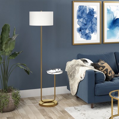 Hudson and Canal Floor Lamp with Marble Tray Table and Fabric Shade