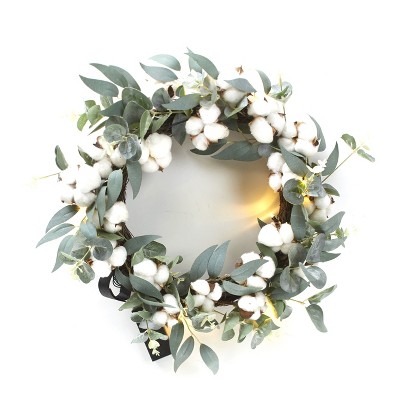 Lakeside Lighted Farmhouse Accent Cotton Boll Wreath with Cotton Ball Appliques